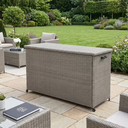 Large Slate Grey Rattan Effect Garden Cushion Storage Box 1000L Weatherproof Outdoor Cushion Storage Box with Gas Piston Assisted Lid, Wheels, Rustproof Aluminium Frame & PE Rattan Weave | Click Style