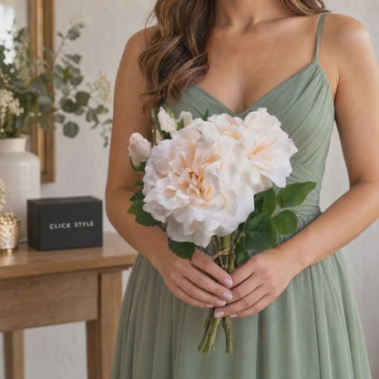 Artificial Pale Peach & Cream Rose Bunch with 3 Twine-Bound Stems – Realistic Faux Peachy Rose Posy 35x25x25cm – Lifestyle video showing a woman in a sage green dress gently holding the pale peach and cream artificial rose bouquet with realistic green foliage and twine-bound stems in a softly lit home interior with CLICK STYLE branded packaging | Click Style