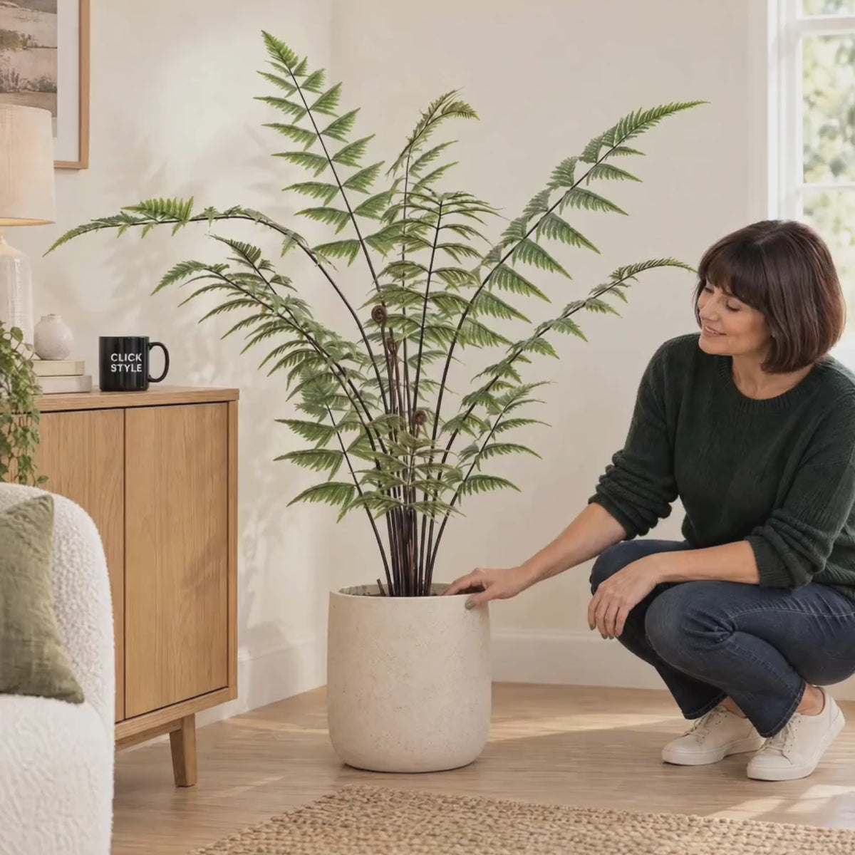 Artificial Tall Green Fern with Delicate Arching Fronds & Brown Fiddleheads in Black Pot – Realistic Floor Standing Faux Fern Plant 120x76x76cm shown in a lifestyle video with a woman gently styling a cream decorative planter in a contemporary living room | Click Style