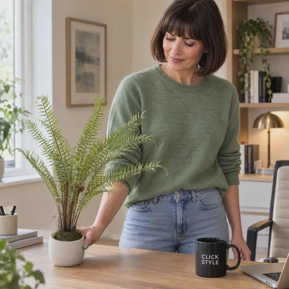 Artificial Small Green Boston Fern with Delicate Fronds & Fiddlehead Details in White Stone Pot – Realistic Potted Faux Indoor Plant 46x10x10cm – Woman in Green Cashmere Jumper Gently Styling the Fern on an Oak Desk with Black CLICK STYLE Mug | Click Style