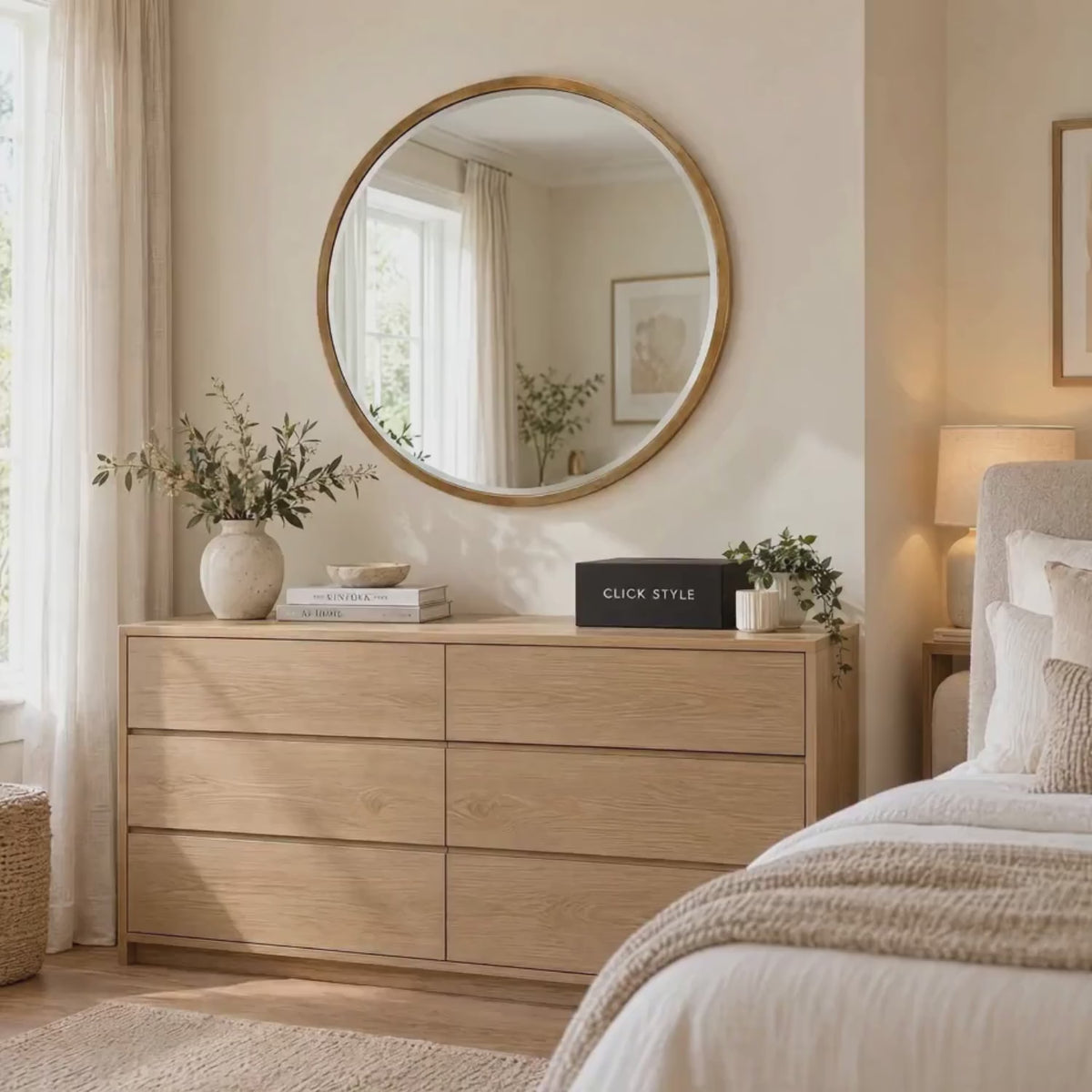 Large Round Antique Gold Wall Mirror with Slim Metal Frame & Bevelled Glass – Decorative Circular Mirror 80x2cm displayed above a natural oak chest of drawers in a beautifully styled neutral bedroom with soft natural daylight and CLICK STYLE branding | Click Style