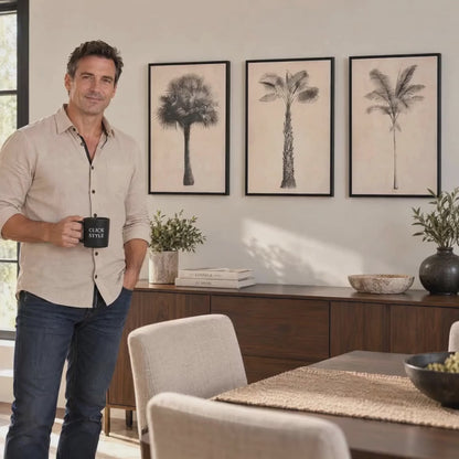 Set of 3 Neutral Beige & Black Framed Palm Tree Canvas Prints with Vintage Botanical Illustrations – Triptych Artwork 60x40x4cm displayed above a dark walnut sideboard in a contemporary dining room with a man holding a black CLICK STYLE mug and turning towards the artwork | Click Style
