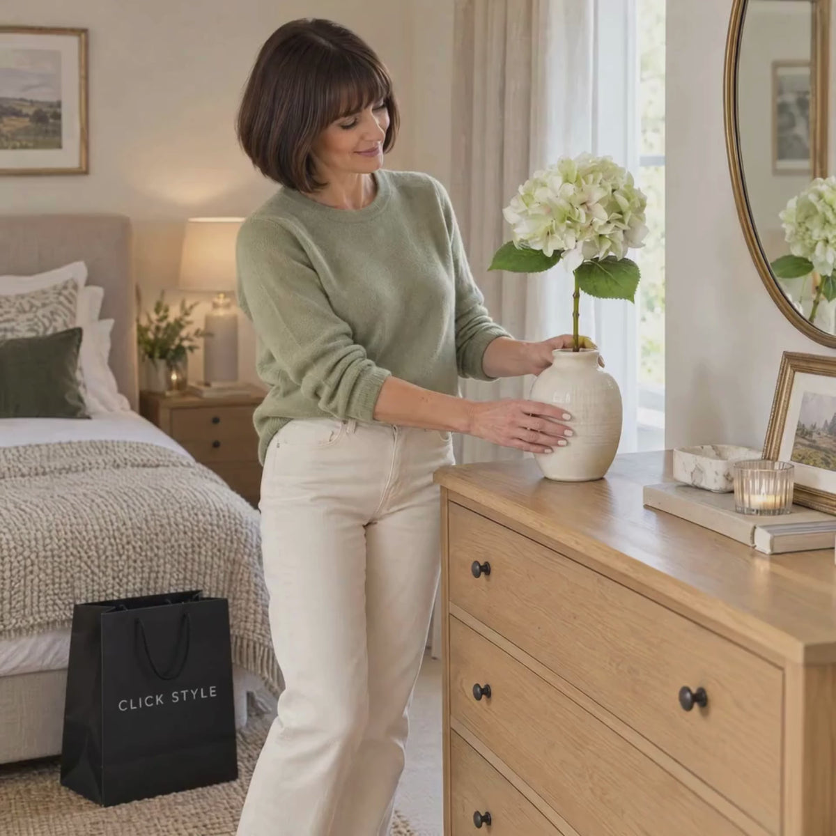 Artificial Pale Green Hydrangea Stem with Multi-Tonal Petals & Realistic Green Leaves – Lifelike Faux Green Hydrangea Flower 50x30x30cm – Lifestyle Video Showing a Woman Gently Adjusting the Hydrangea Petals in a Cream Ceramic Vase on an Oak Chest of Drawers | Click Style