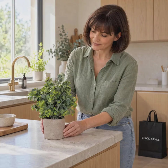 Artificial Green Eucalyptus Plant with Realistic Rounded Leaves in Rustic Stone-Effect Pot – Small Faux Potted Eucalyptus 23x19x19cm being gently positioned on a contemporary kitchen worktop by a woman wearing a green linen shirt with black CLICK STYLE branded shopping bag in the background | Click Style