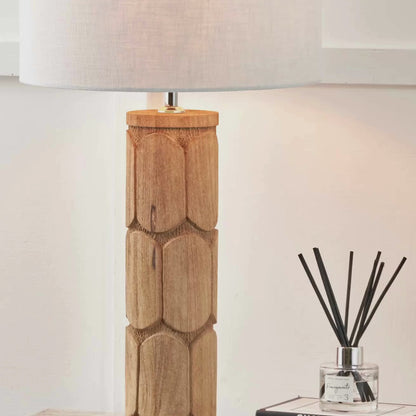 Tall Rustic Natural Mango Wood Table Lamp with White Linen Drum Shade – Hand-Carved Embossed Scallop Design Wooden Light 67x35x35cm