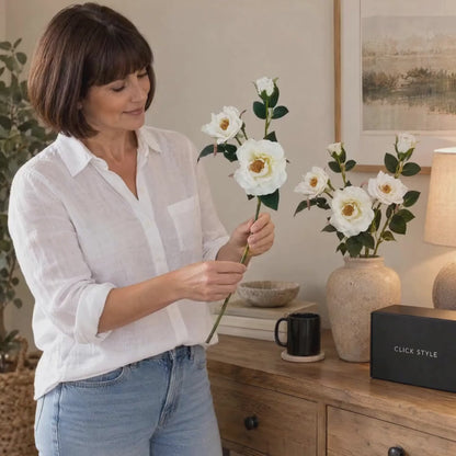 Artificial White Tea Rose Stem with Open Blooms & Rosebud – Lifelike White Faux Rose Flowers with Realistic Green Foliage 60cm – Lifestyle video showing a woman in a white linen shirt naturally holding a white tea rose stem with two open blooms and a developing rosebud beside a textured stone vase of white roses on a wooden sideboard with a black CLICK STYLE branded box | Click Style