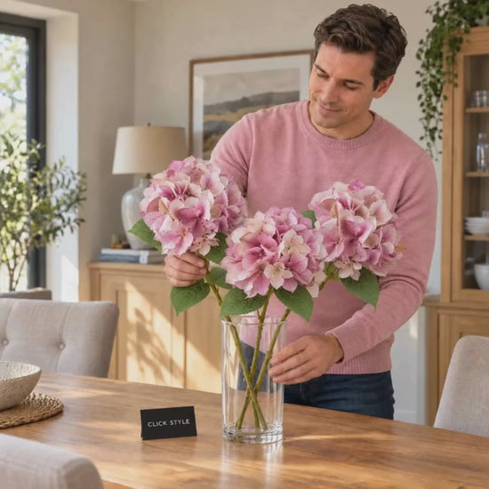 Artificial Pink Hydrangea Stem with Multi-Tonal Petals & Realistic Green Leaves – Lifelike Faux Pink Hydrangea Flower 50x30x30cm shown in a lifestyle video of a man wearing a pink jumper gently arranging three individual hydrangea stems in a clear glass vase on an oak dining table, displaying realistic pink, mauve and cream flower heads with serrated green leaves | Click Style