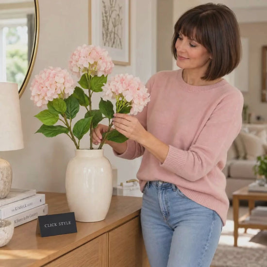 Artificial Soft Pink Long Stem Hydrangea with Full Rounded Flower Head & Realistic Green Leaves – Lifelike Pink Faux Hydrangea Flower 70cm | Lifestyle Video of Woman Arranging Three Soft Pink Hydrangea Stems in an Ivory Ceramic Vase on an Oak Sideboard | Click Style