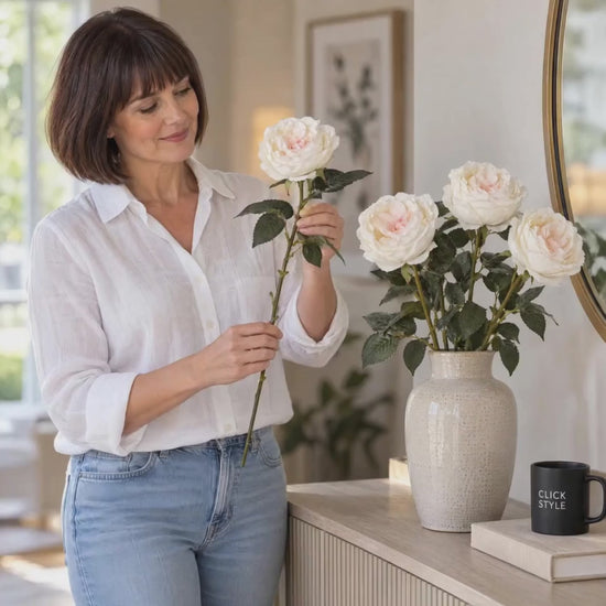 Artificial Pale Blush Garden Rose Stem with Large Open Bloom – Lifelike Cream & Blush Pink Faux Rose Flower with Realistic Green Foliage 64cm – Woman in a white linen shirt gently adjusting a realistic cream and blush pink artificial rose beside three matching roses in a ceramic vase on an oak console table | Click Style