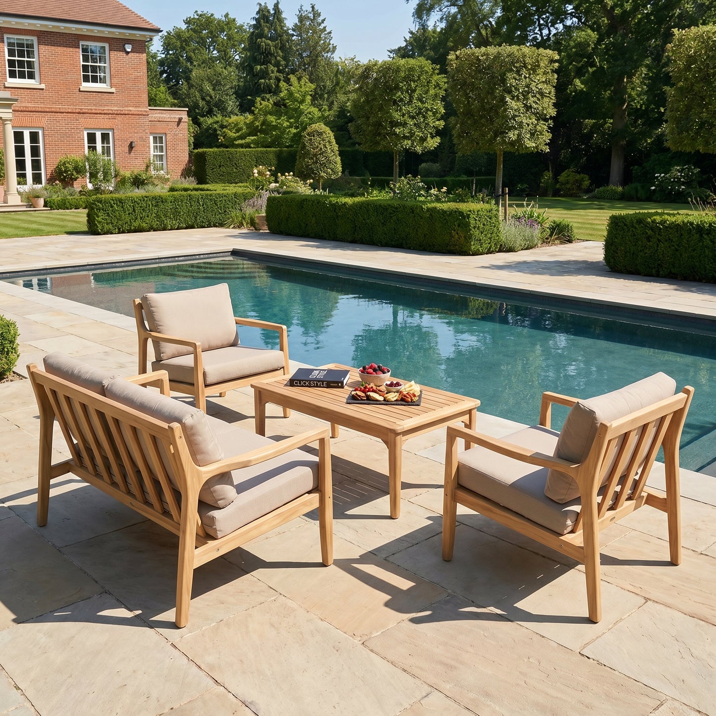 Neutral Beige Taupe Outdoor Garden Sofa Set with Cushions, 2 Armchairs & Rectangular Coffee Table – Light Teak Effect Acacia Wood 4-Seater Patio Lounge Set with Deep Seat & Back Cushions for Garden, Terrace, Conservatory, Decking & Outdoor Living Space | Click Style