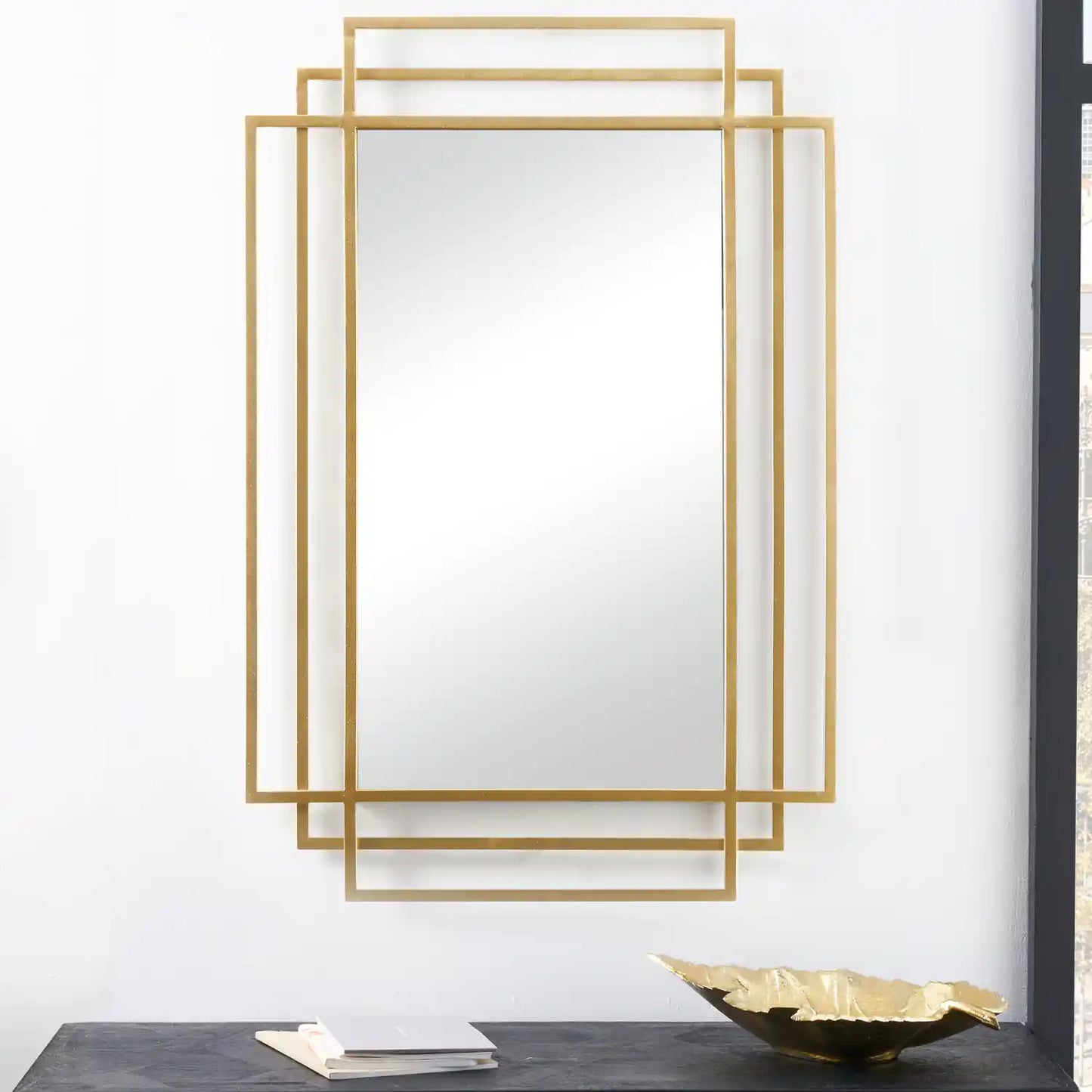 Rectangular Art Deco Gold Metal Framed Wall Mirror 92x61x3cm – Click Style