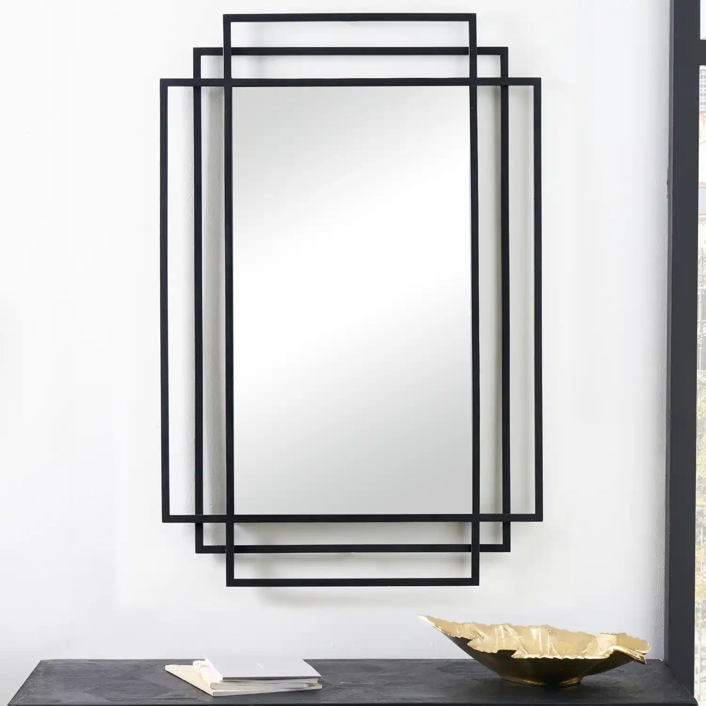 Rectangular Art Deco Matt Black Metal Framed Wall Mirror 92x61x3cm – Click Style