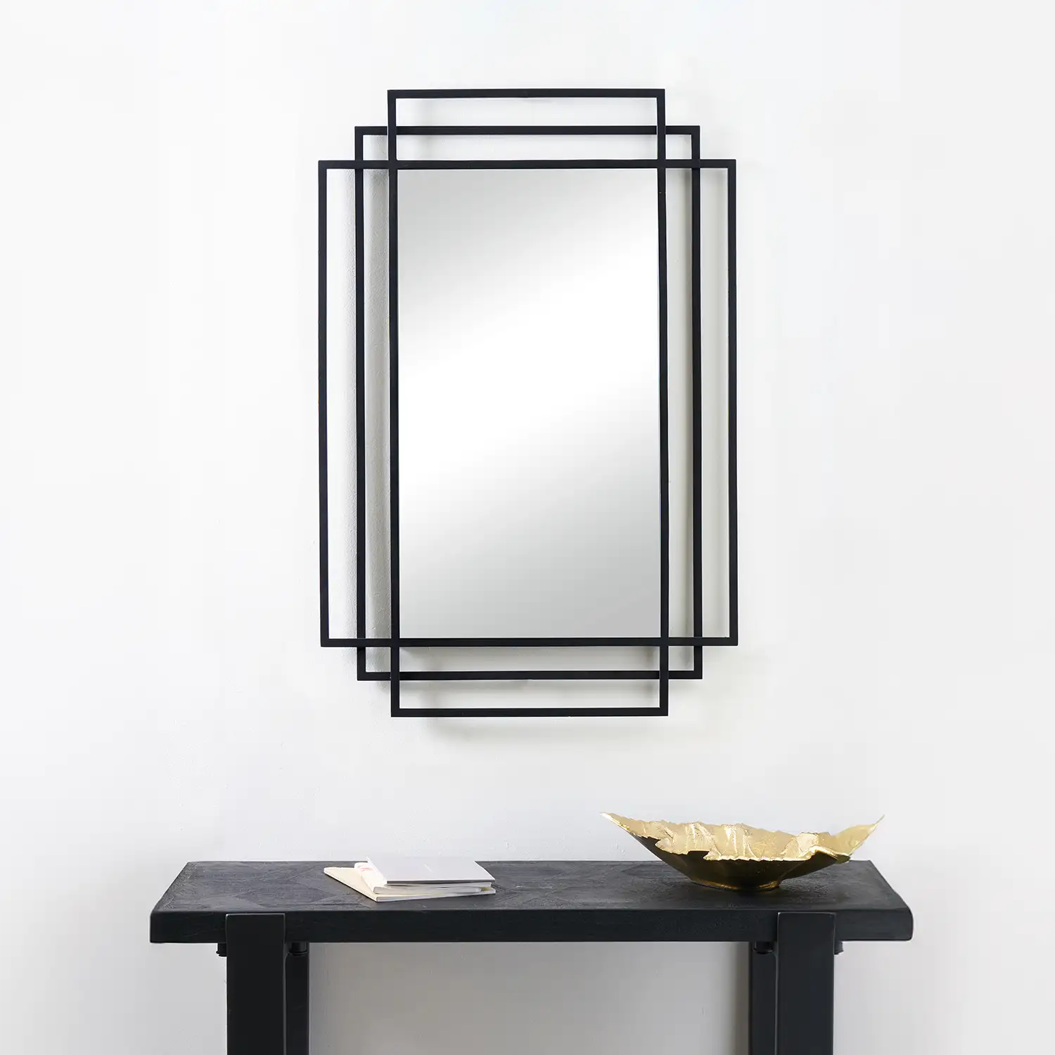 Rectangular Art Deco Matt Black Metal Framed Wall Mirror 92x61x3cm – Click Style