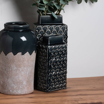 Large Rectangular Dark Grey Ceramic Vase with Scalloped Texture 42x19cm