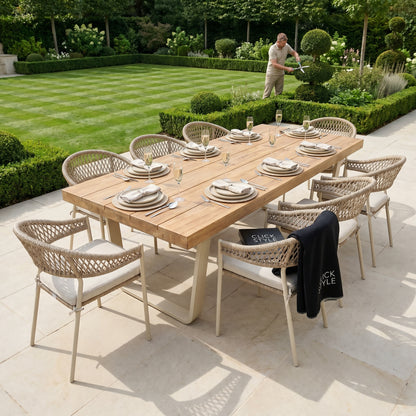 Natural & Light Beige 8 Seater Outdoor Garden Dining Set with Square Tie-On Cushions – Large Rectangular Thick-Top Acacia Wood Table & 8 Curved Back Rope Weave Dining Chairs, Light Beige Powder Coated Aluminium Frame, Light Linen Season-Proof Cushions with Secure Ties, Weather Resistant Luxury Garden Patio Furniture Set for Gardens, Patios, Decking & Terraces | Click Style