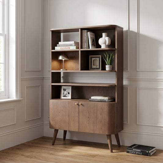 Scandinavian 2 Door Shelving & Storage Unit with Retro Curved Design, Dark Ash Wood & Veneer Finish, Open Niche Display Cabinet, Gold Handles for Living Room, Dining Room or Home Office 166x105x40cm | Click Style