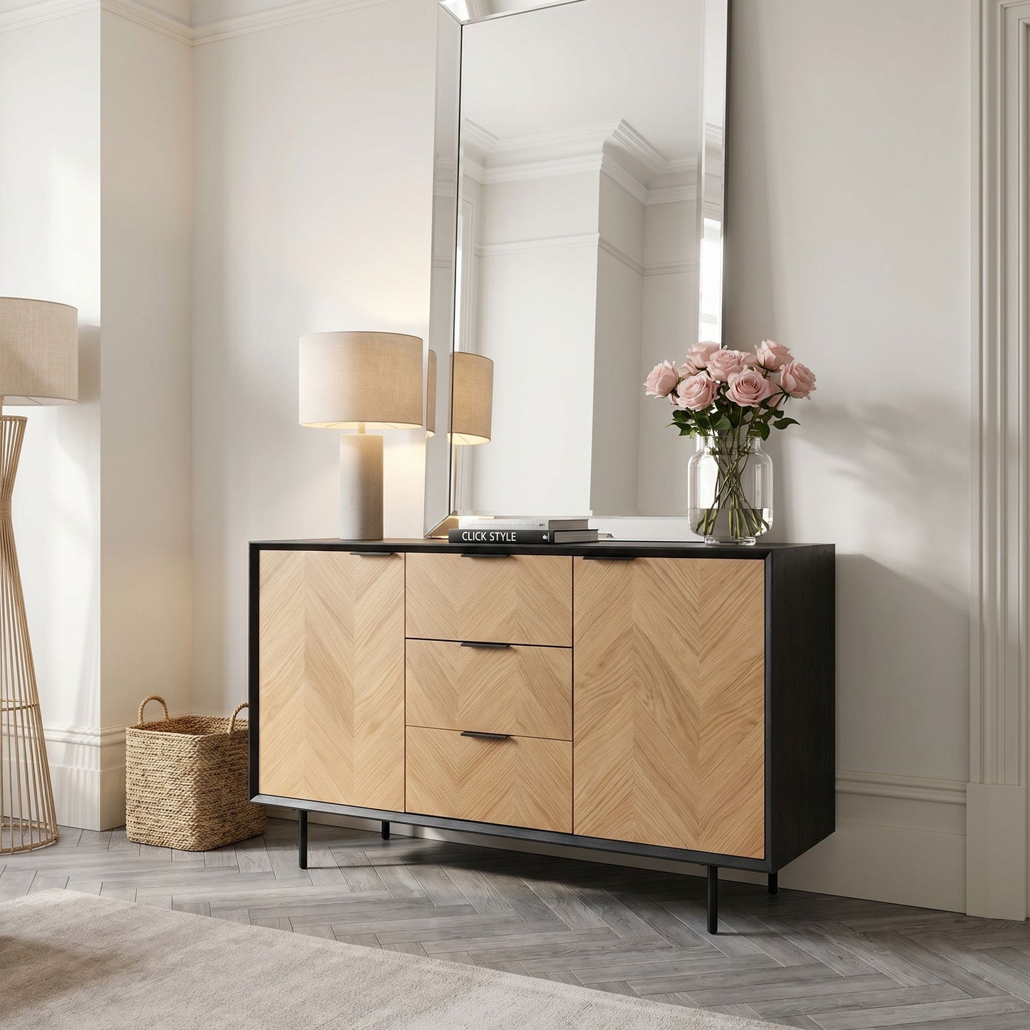 Scandinavian Two Tone Chevron Oak & Black Wood 2 Door 3 Drawer Sideboard with Herringbone Veneer Doors – Modern Scandi Storage Cabinet with Slim Black Metal Handles, Black Frame & Legs, Wooden Buffet Sideboard for Living Room, Dining Room & Hallway 80x140x43cm | Click Style