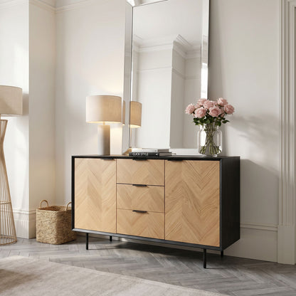 Scandinavian Two Tone Chevron Oak & Black Wood 2 Door 3 Drawer Sideboard with Herringbone Veneer Doors – Modern Scandi Storage Cabinet with Slim Black Metal Handles, Black Frame & Legs, Wooden Buffet Sideboard for Living Room, Dining Room & Hallway 80x140x43cm | Click Style