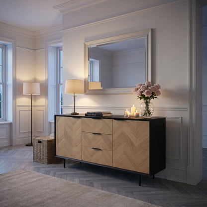 Scandinavian Two Tone Chevron Oak & Black Wood 2 Door 3 Drawer Sideboard with Herringbone Veneer Doors – Modern Scandi Storage Cabinet with Slim Black Metal Handles, Black Frame & Legs, Wooden Buffet Sideboard for Living Room, Dining Room & Hallway 80x140x43cm | Click Style
