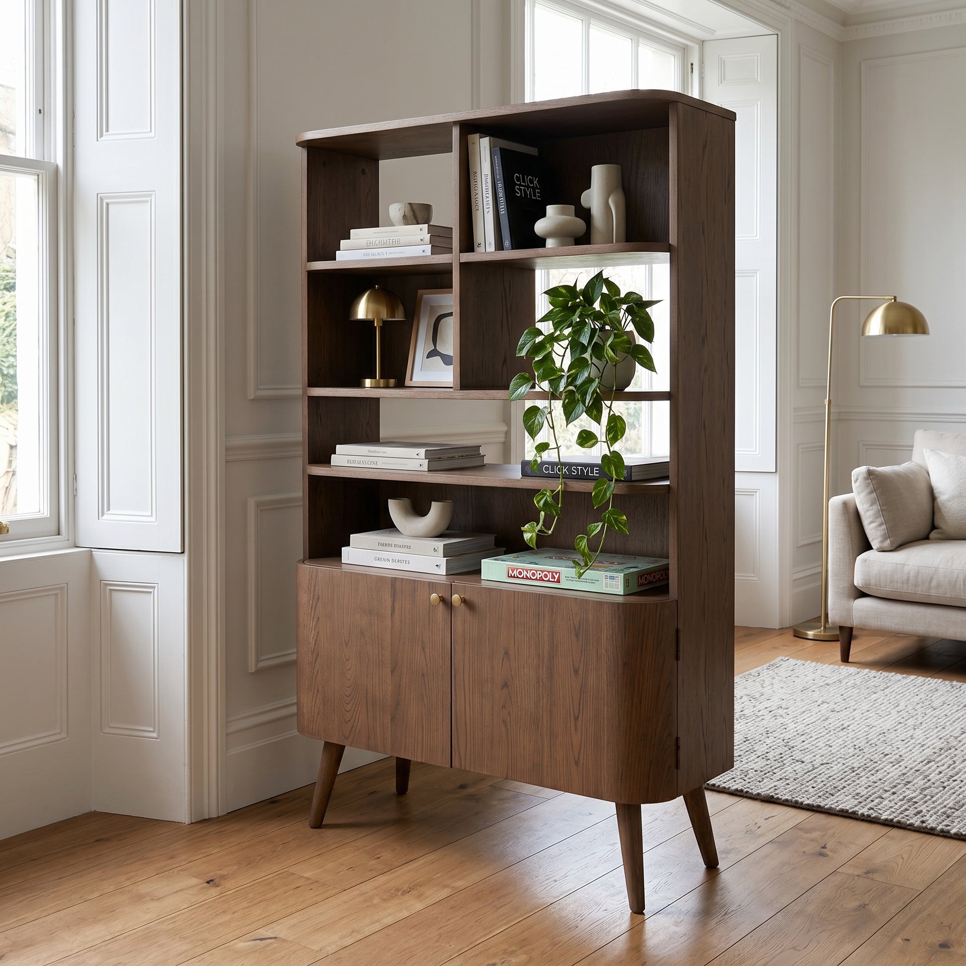 Scandinavian 2 Door Shelving & Storage Unit with Retro Curved Design, Dark Ash Wood & Veneer Finish, Open Niche Display Cabinet, Gold Handles for Living Room, Dining Room or Home Office 166x105x40cm | Click Style
