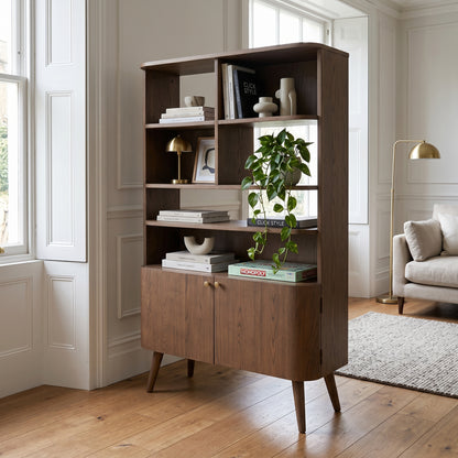 Scandinavian 2 Door Shelving & Storage Unit with Retro Curved Design, Dark Ash Wood & Veneer Finish, Open Niche Display Cabinet, Gold Handles for Living Room, Dining Room or Home Office 166x105x40cm | Click Style