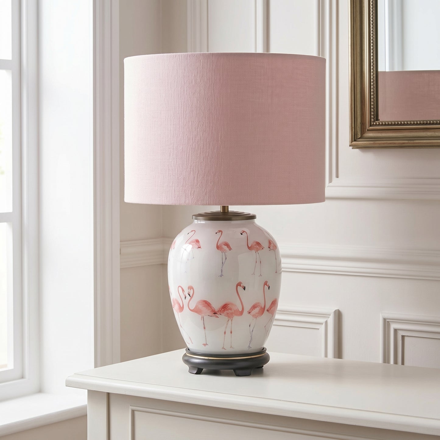 Jenny Worrall Pink Flamingos White Glass Bulbous Table Lamp Base with Antique Brass Feet Handcrafted Flamingo Design 36x20x20cm | Click Style
