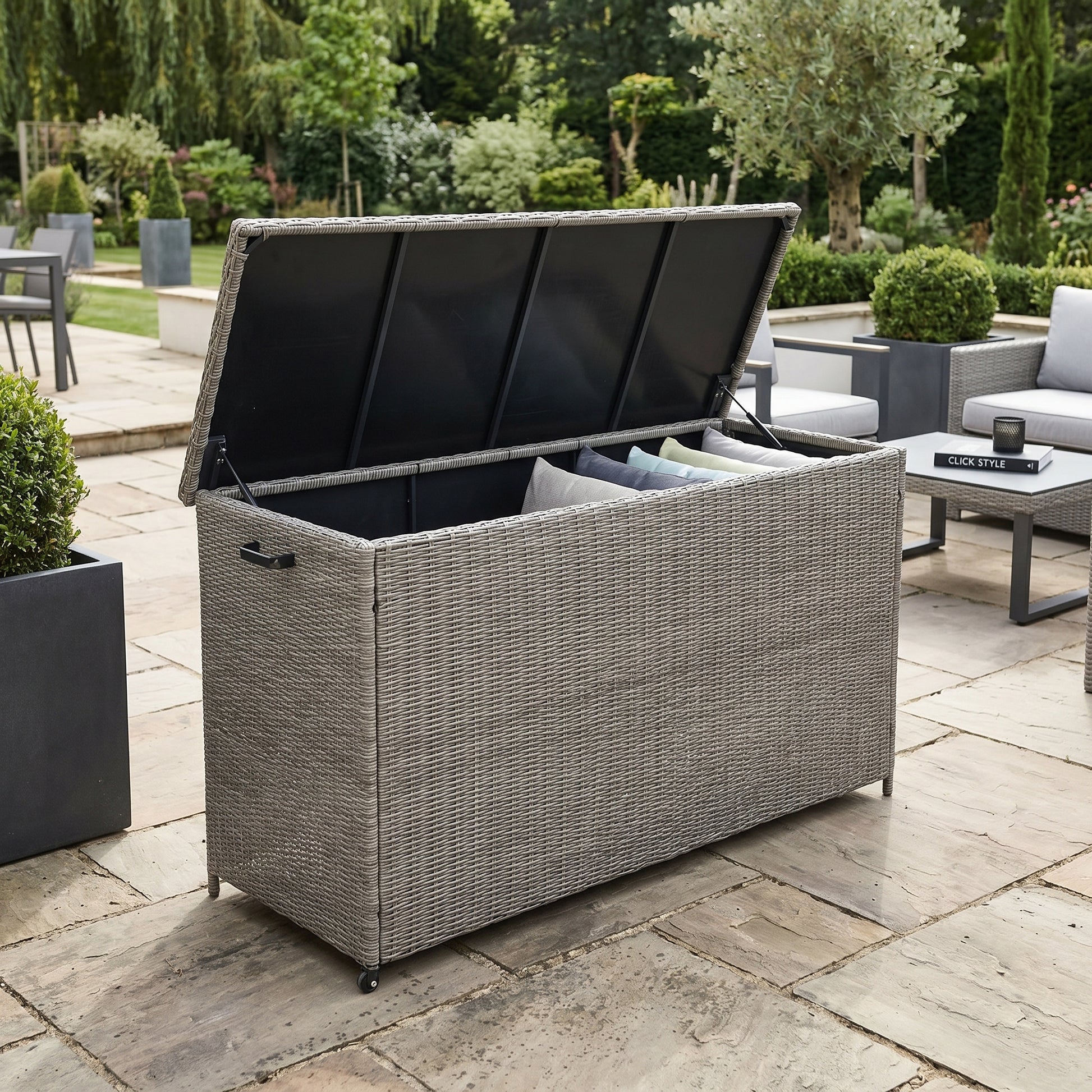 Large Slate Grey Rattan Effect Garden Cushion Storage Box 1000L Weatherproof Outdoor Cushion Storage Box with Gas Piston Assisted Lid, Wheels, Rustproof Aluminium Frame & PE Rattan Weave | Click Style