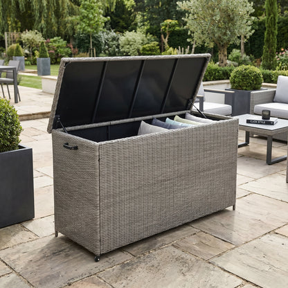 Large Slate Grey Rattan Effect Garden Cushion Storage Box 1000L Weatherproof Outdoor Cushion Storage Box with Gas Piston Assisted Lid, Wheels, Rustproof Aluminium Frame & PE Rattan Weave | Click Style