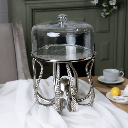 Silver Octopus Cake Stand with Glass Cloche - Click Style