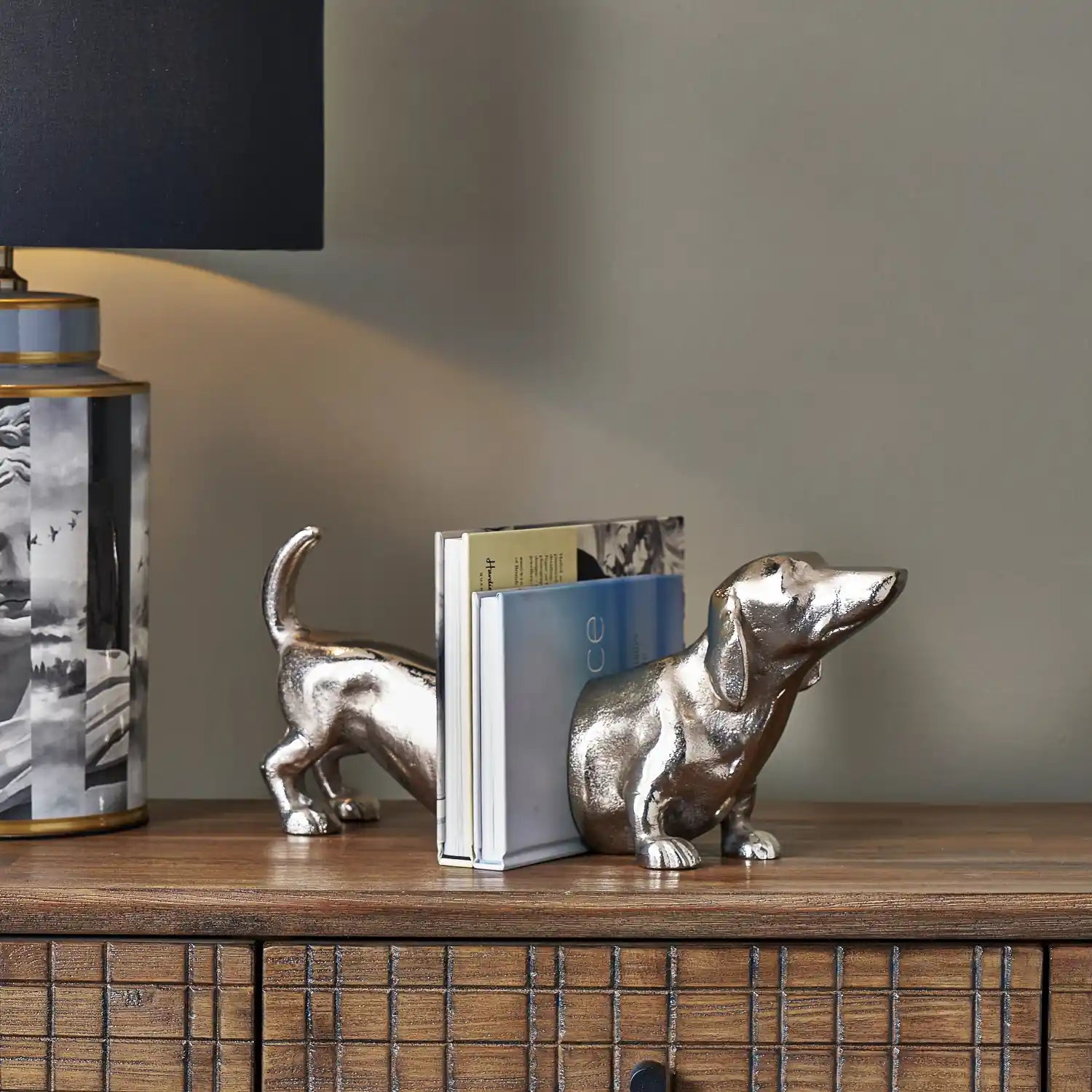 Silver Sausage Dog Bookends – Click Style