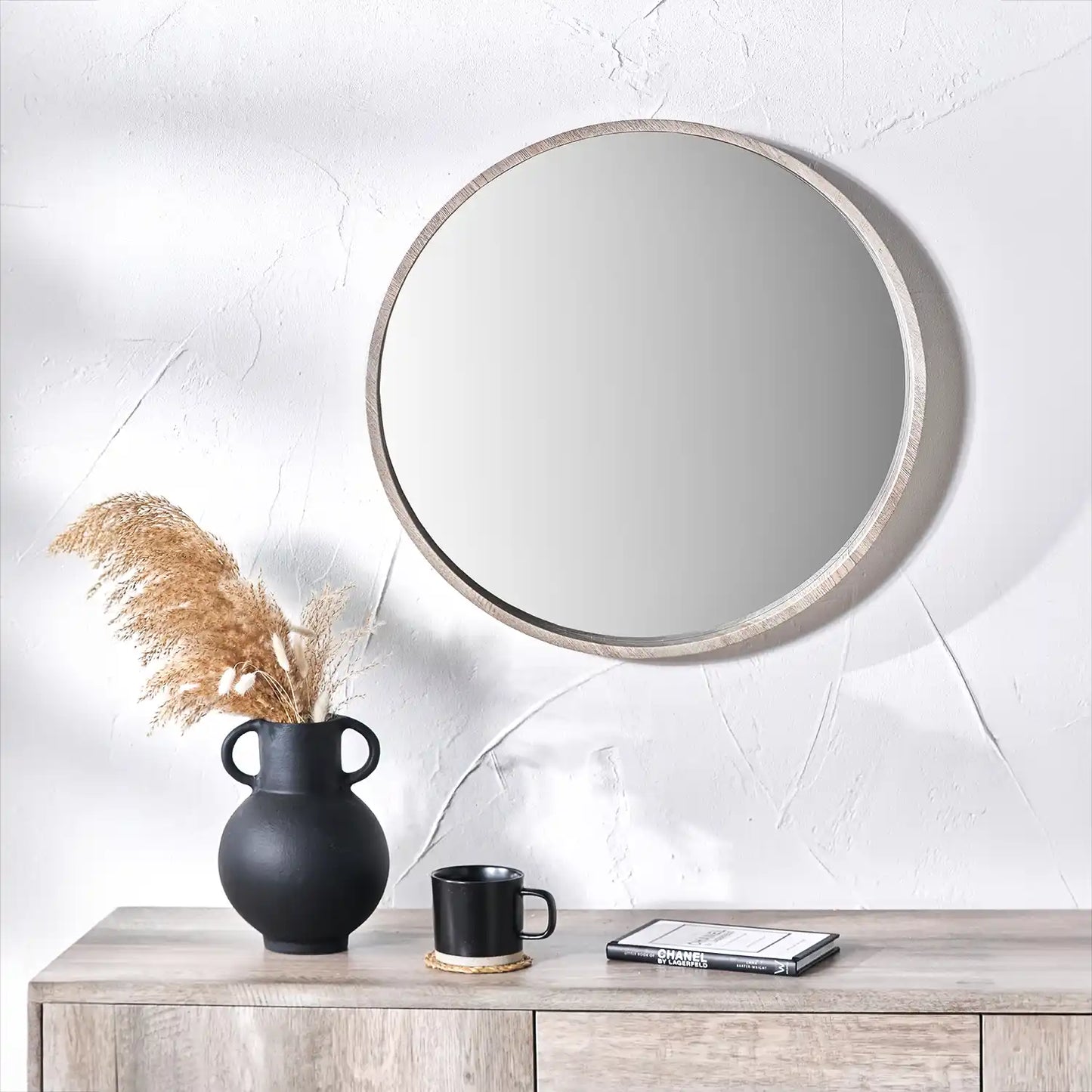 Small Round Light Grey Wood Thin Deep Framed Wall Mirror 56x56x5cm – Click Style