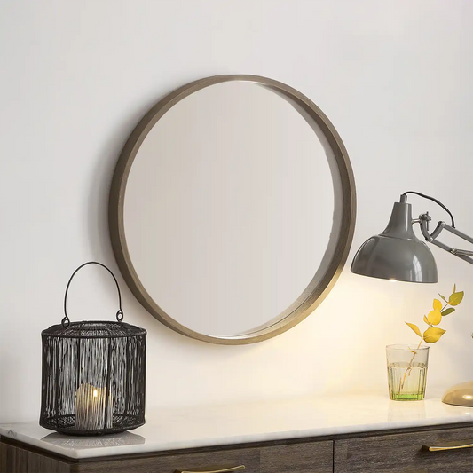 Small Round Light Wood Thin Deep Framed Wall Mirror 56x56x5cm – Click Style