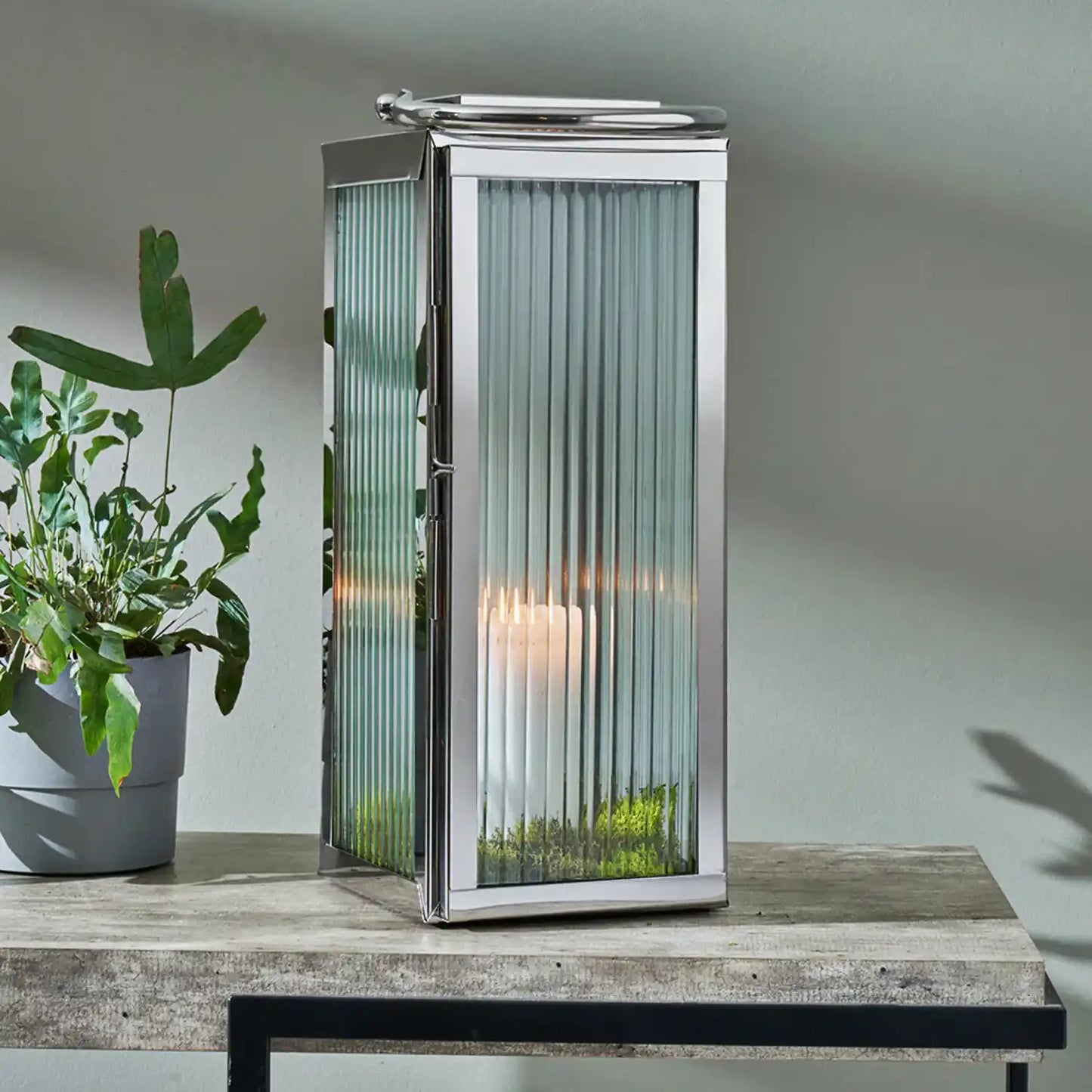 Small Silver Metal & Ribbed Glass Lantern 43x19x17cm – Click Style