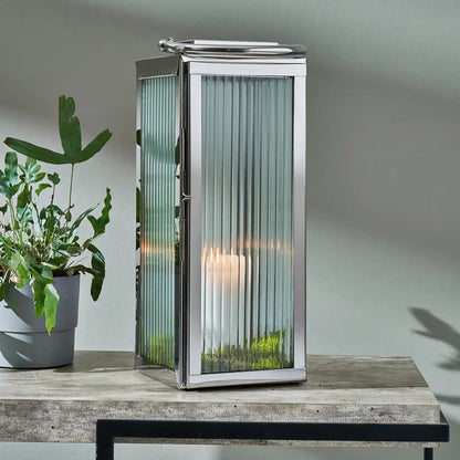 Small Silver Metal & Ribbed Glass Lantern 43x19x17cm – Click Style