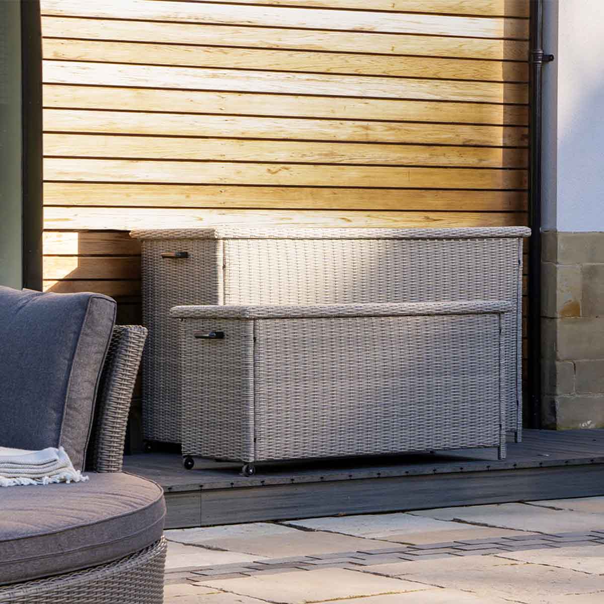 Small Stone Grey Rattan Effect Garden Cushion Storage Box – Click Style