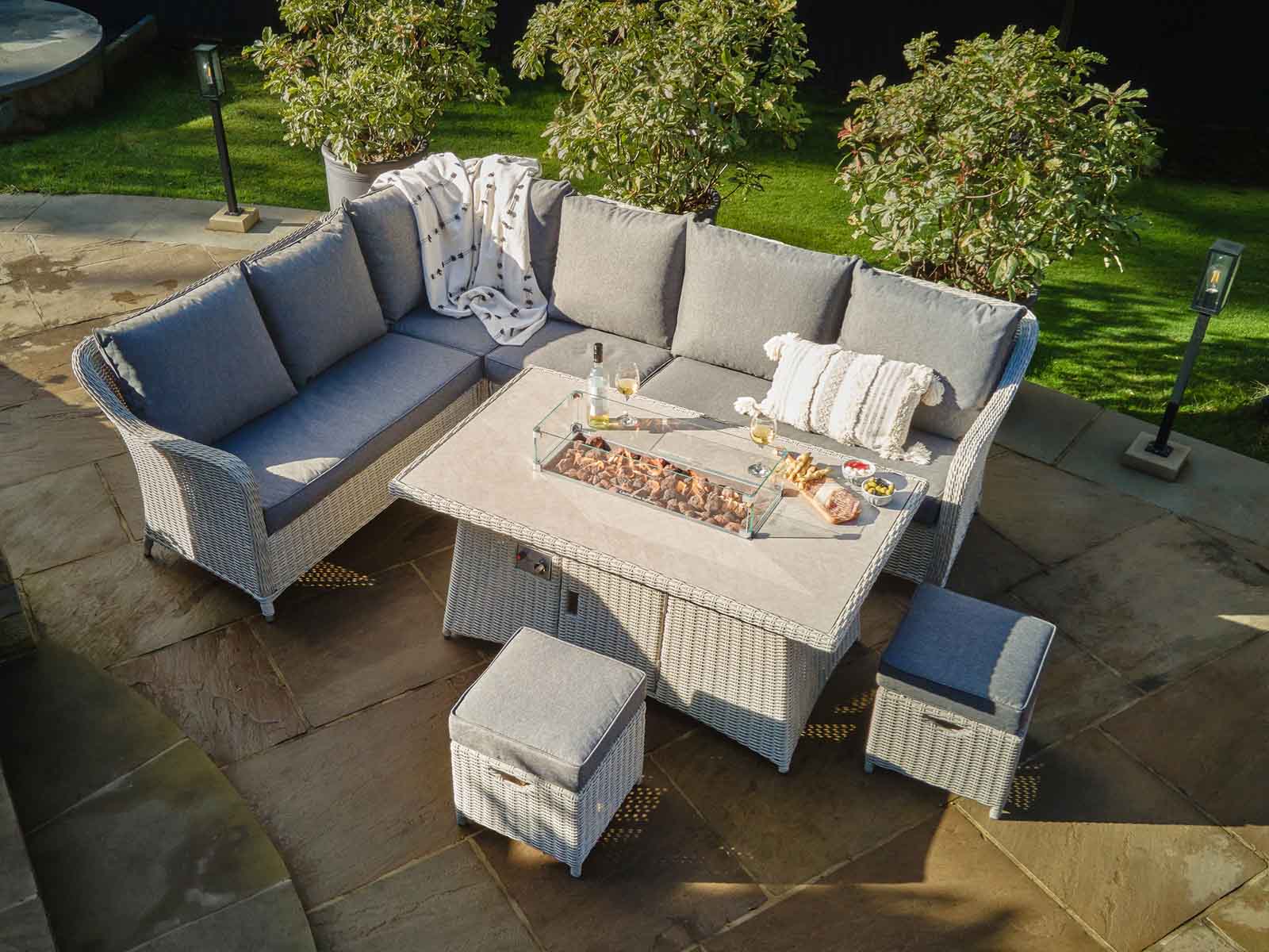 Sumatra Grey Rattan Effect Garden Corner Sofa Set with Fire Pit Ceramic Top Table – Click Style