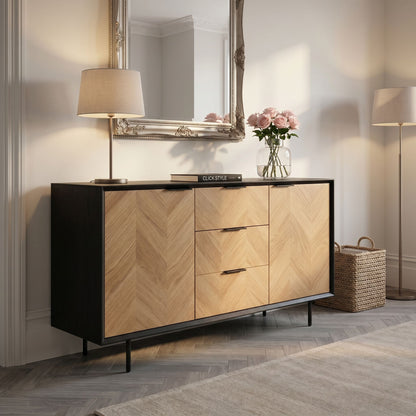 Scandinavian Two Tone Chevron Oak & Black Wood 2 Door 3 Drawer Sideboard with Herringbone Veneer Doors – Modern Scandi Storage Cabinet with Slim Black Metal Handles, Black Frame & Legs, Wooden Buffet Sideboard for Living Room, Dining Room & Hallway 80x140x43cm | Click Style