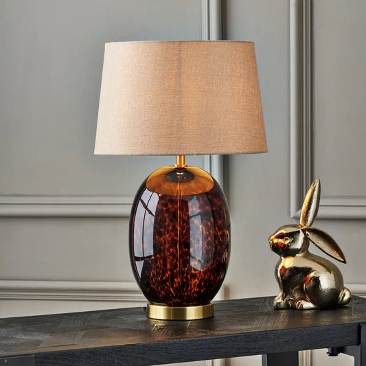 Tall Amber & Brown Tortoiseshell Glass Table Lamp with Natural Linen Shade 52x33x33cm – Click Style