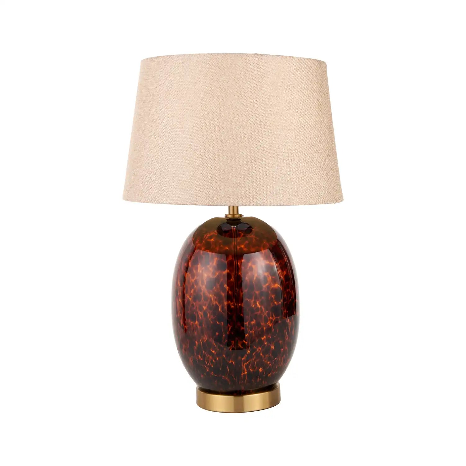 Tall Amber & Brown Tortoiseshell Glass Table Lamp with Natural Linen Shade 52x33x33cm – Click Style