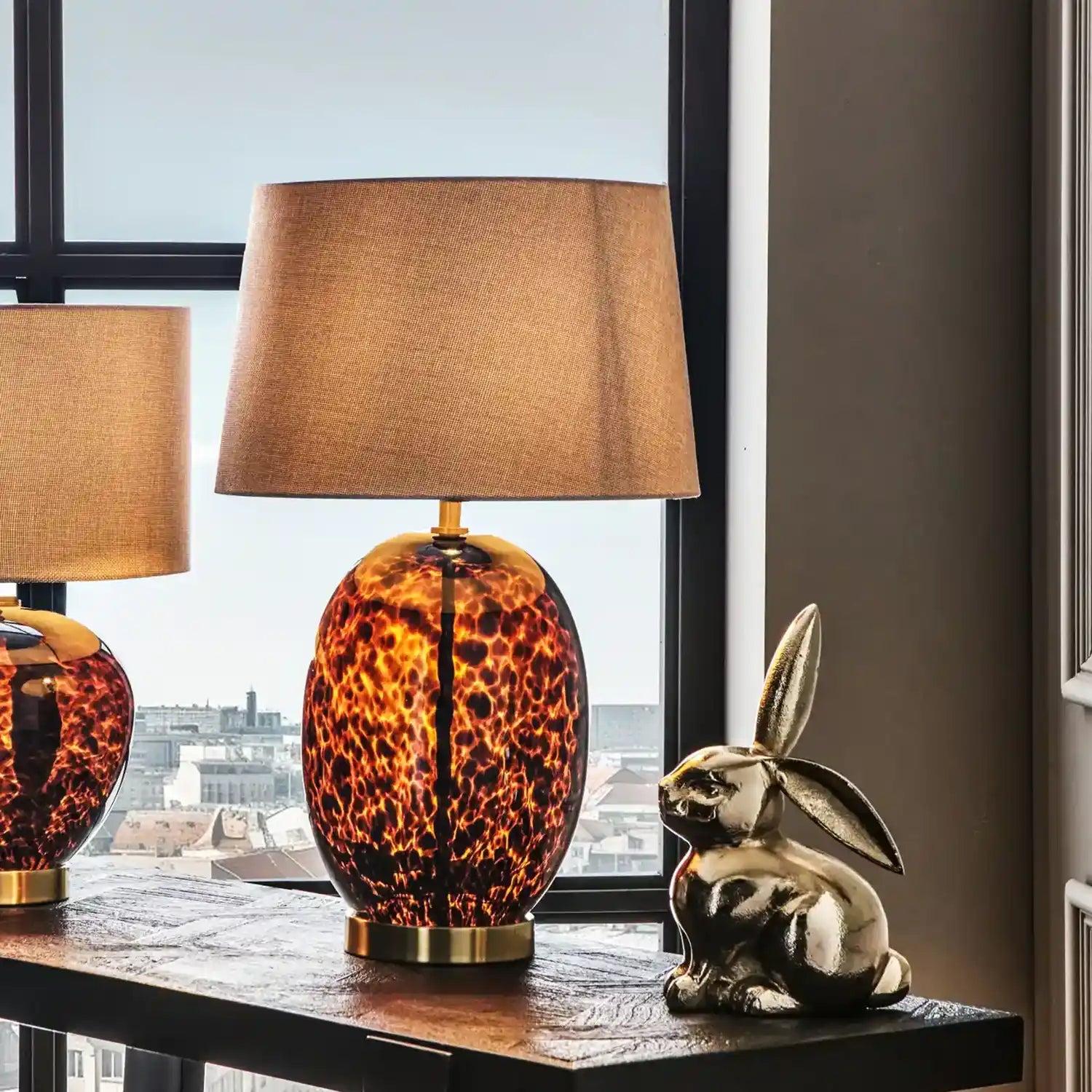 Tall Amber & Brown Tortoiseshell Glass Table Lamp with Natural Linen Shade 52x33x33cm – Click Style