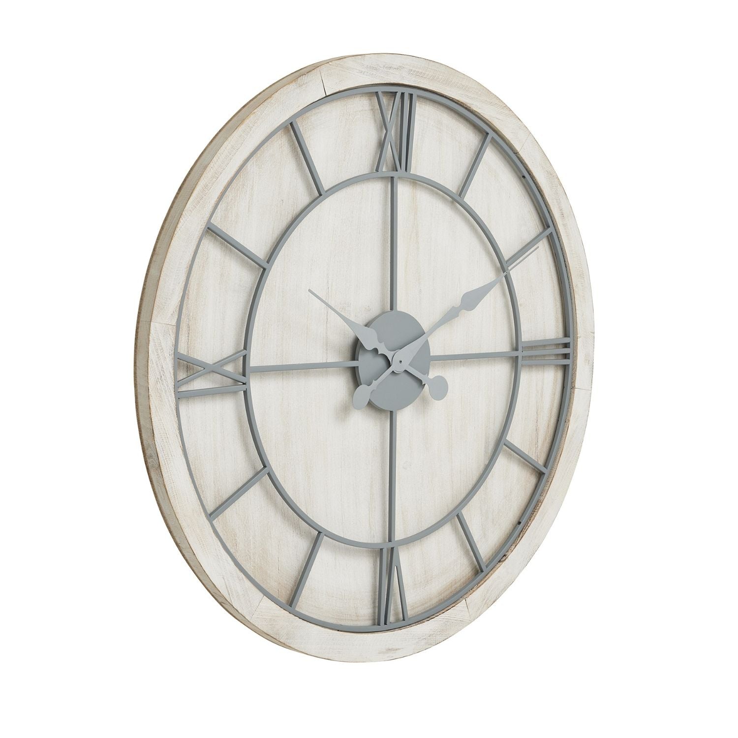 Large circular white wall clock with grey metal roman numerals and hands