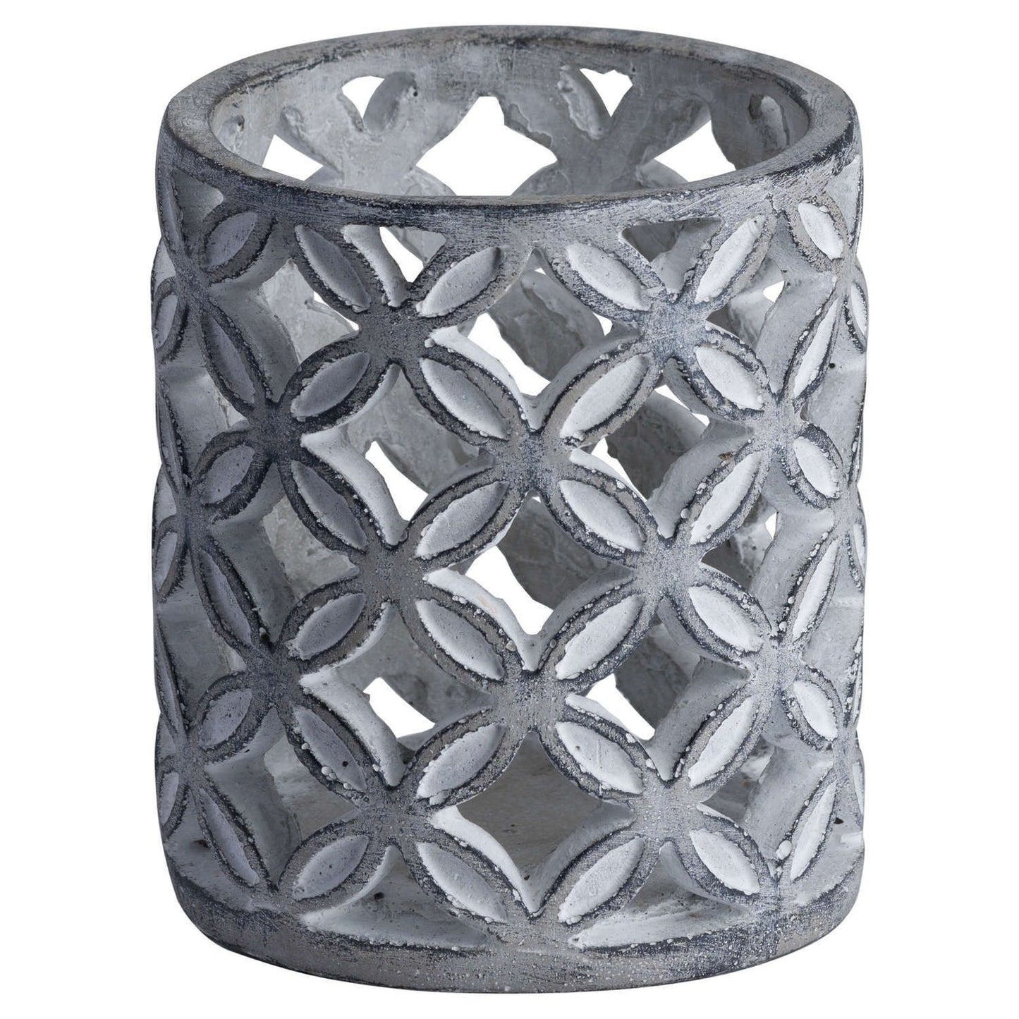 Stone candle hurricane in a geometric design in grey and white finish