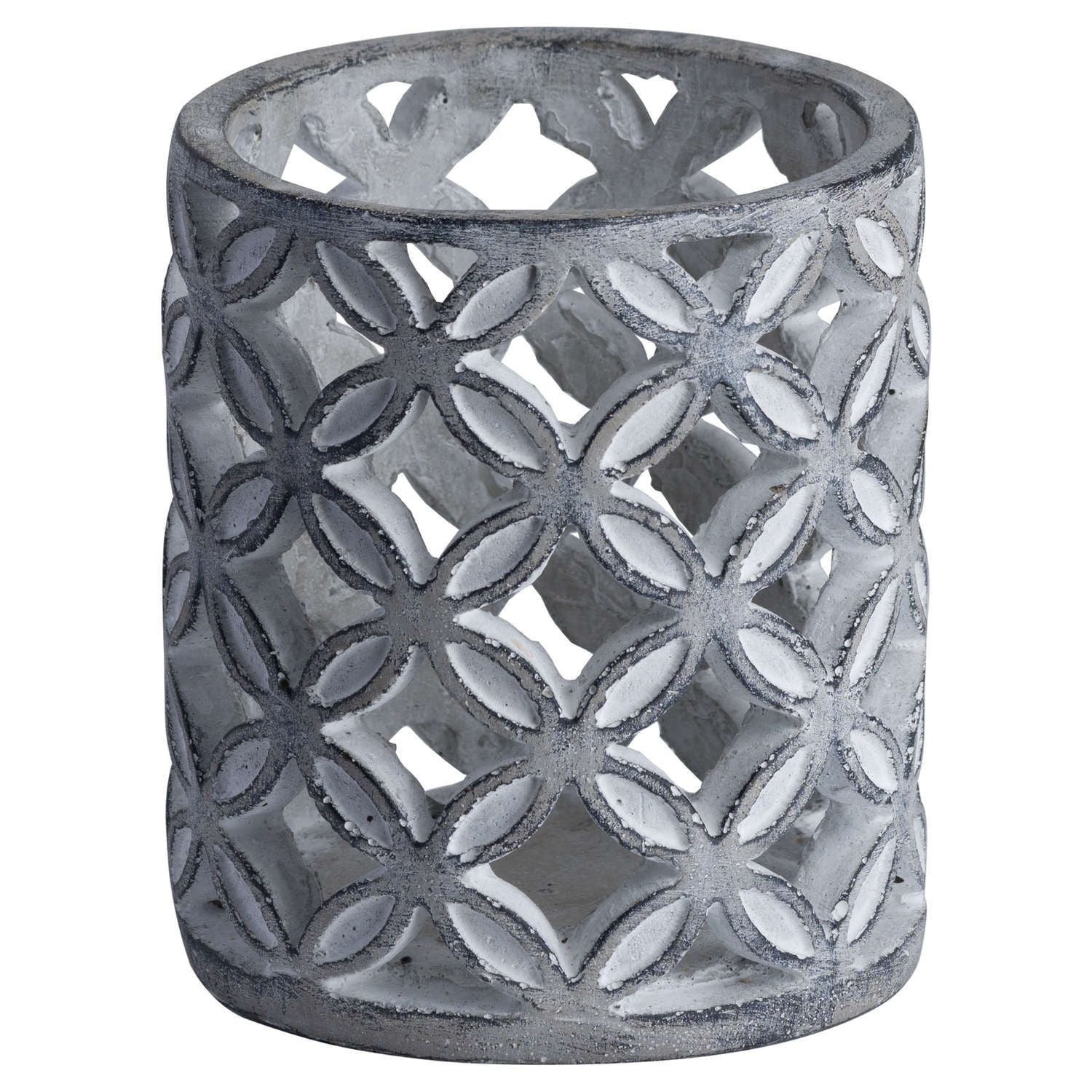 Stone candle hurricane in a geometric design in grey and white finish