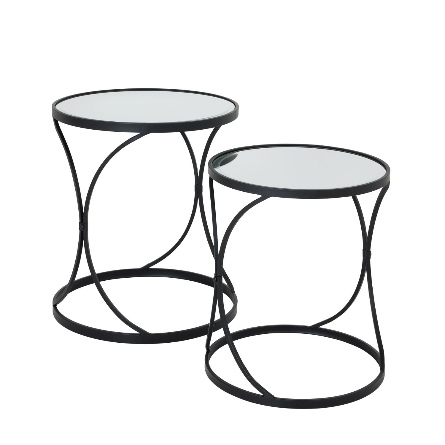 Two black side tables with mirrored tops