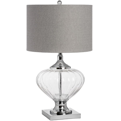 Silver and glass table lamp with grey shade, called Belgravia
