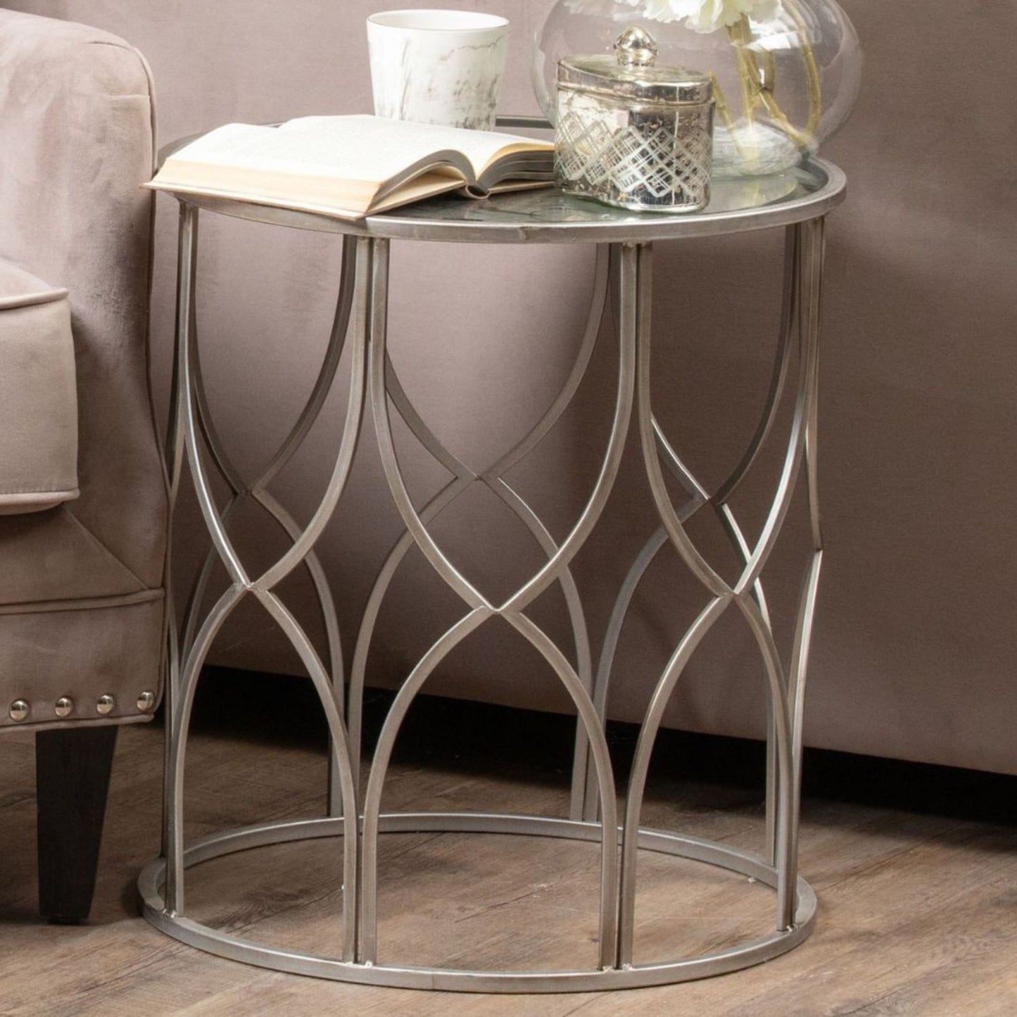 Two silver side tables with lattice design
