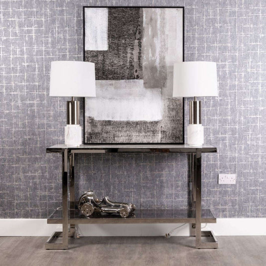 Silver console table wtih marble design and shelves
