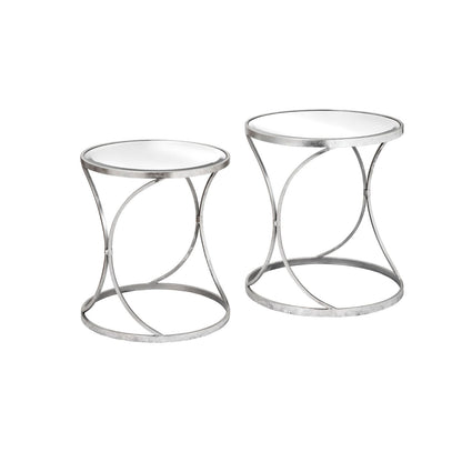 Two silver side tables with mirrored glassed and curved frame
