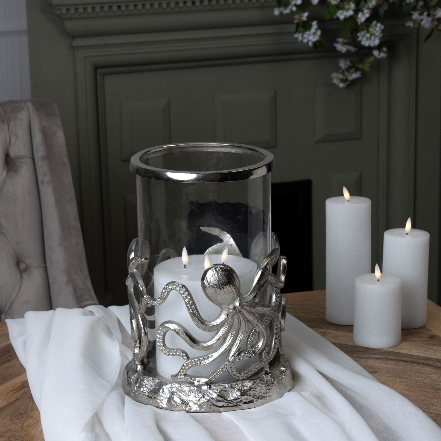 Silver octopus hurricane candle holder