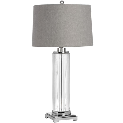 Silver and glass table lamp with grey shade, called Kensington